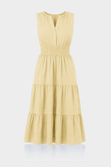 Champagne Sleeveless Cotton Poplin Midi Dress – Smocked Waist Work Dress