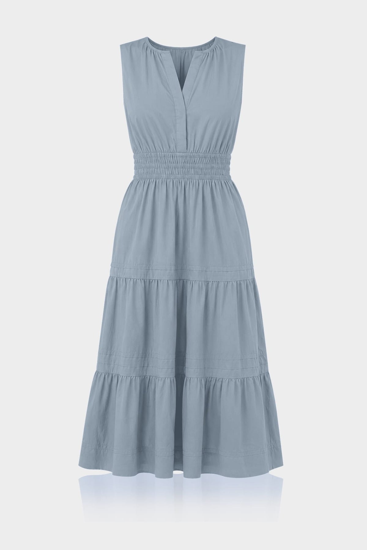 Dusty Blue Sleeveless Cotton Poplin Midi Dress – Business Casual Midi Dress