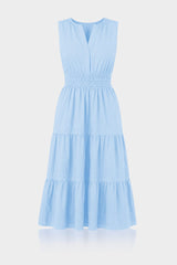 Sky Blue Smocked Waist Cotton Midi Dress for Women – Vacation Ready Midi Dress