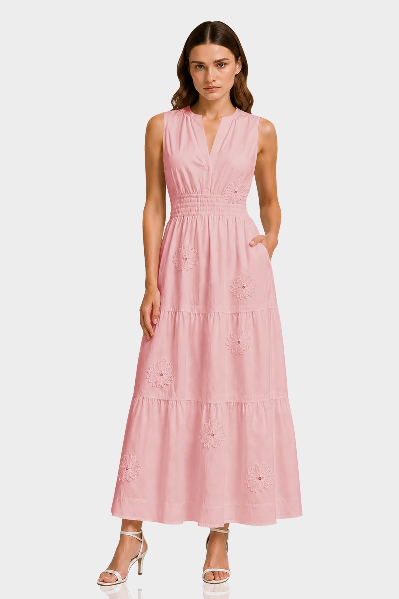 Blush Pink Sleeveless 3D Floral Appliqué Hand Embroidered midi Dress for Women – Tiered Occasion Dress