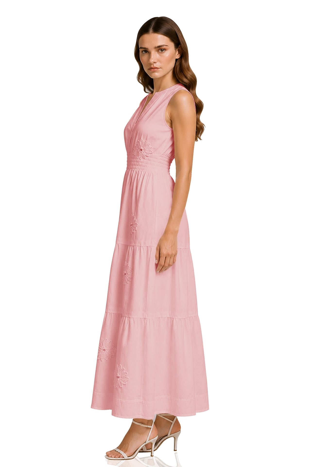 Blush Pink Sleeveless 3D Floral Appliqué Hand Embroidered midi Dress for Women – Tiered Occasion Dress