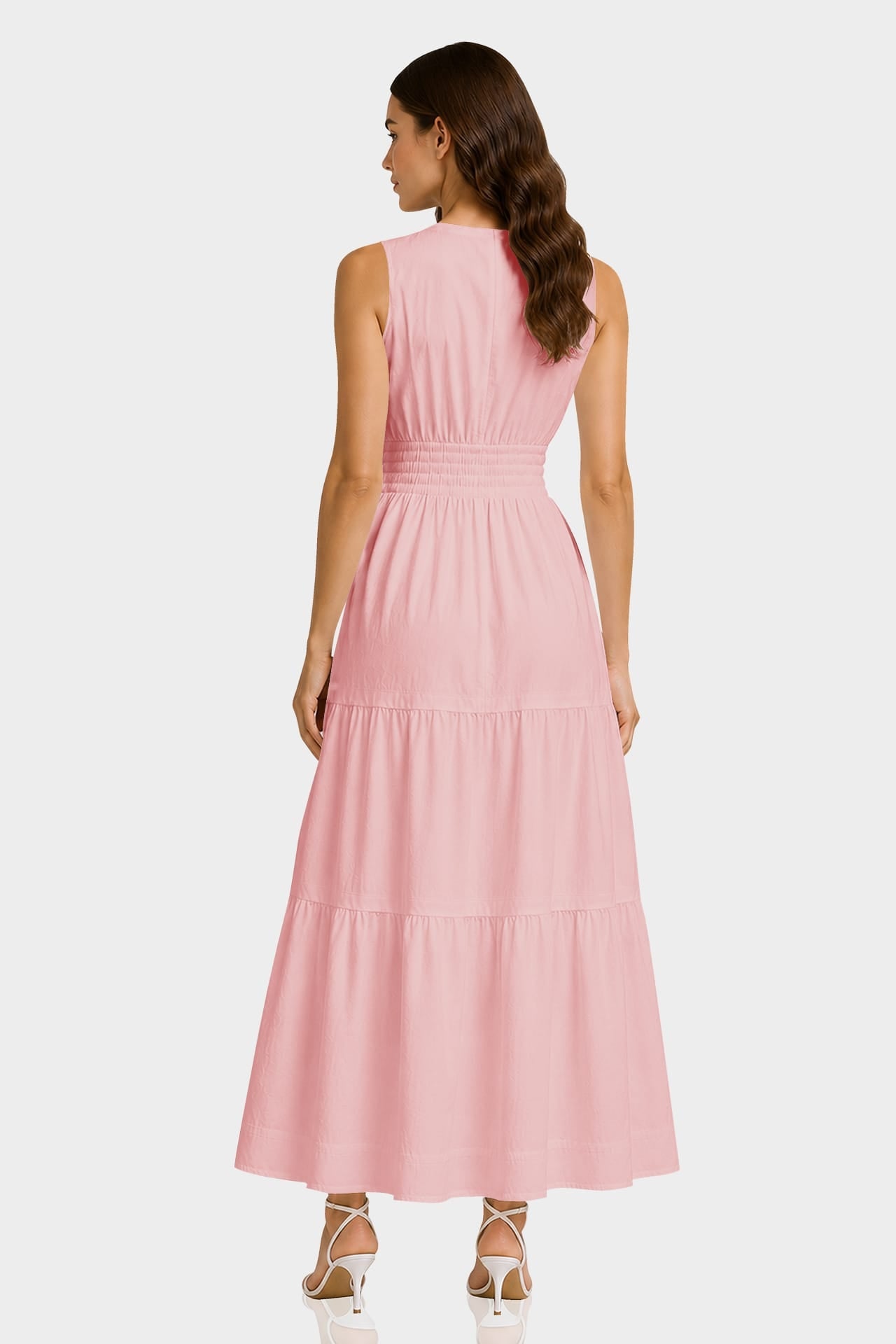Blush Pink Sleeveless 3D Floral Appliqué Hand Embroidered midi Dress for Women – Tiered Occasion Dress
