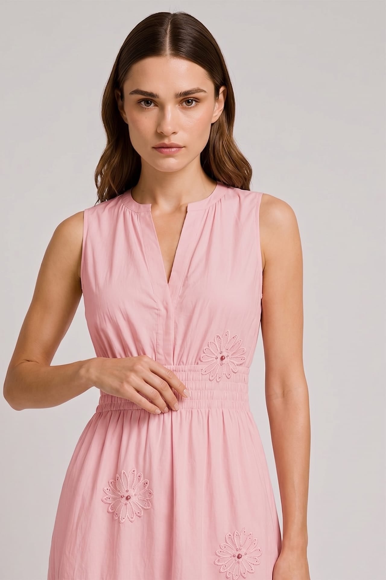 Blush Pink Sleeveless 3D Floral Appliqué Hand Embroidered midi Dress for Women – Tiered Occasion Dress