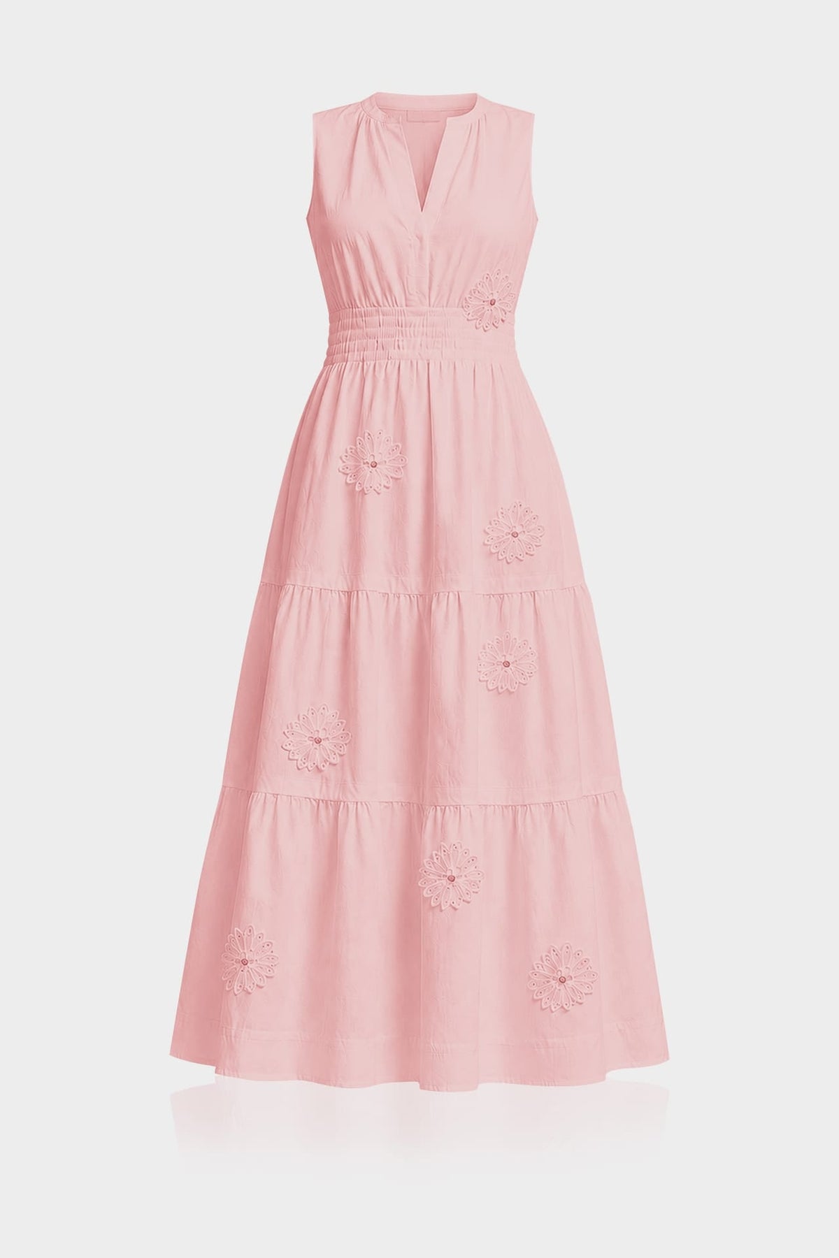 Blush Pink Sleeveless 3D Floral Appliqué Hand Embroidered midi Dress for Women – Tiered Occasion Dress