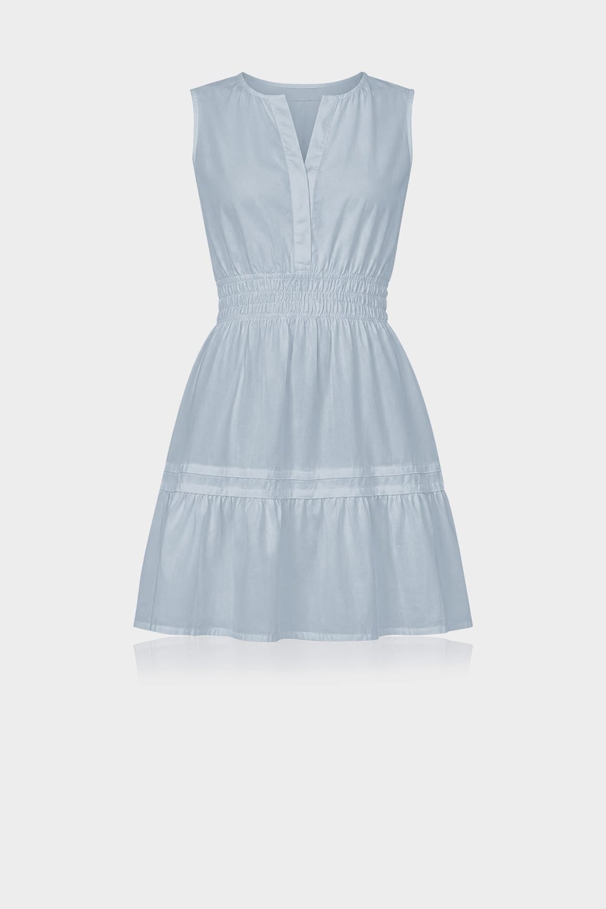 Dusty Blue Sleeveless Smocked Waist Cotton Mini Dress – Brunch Date Dress