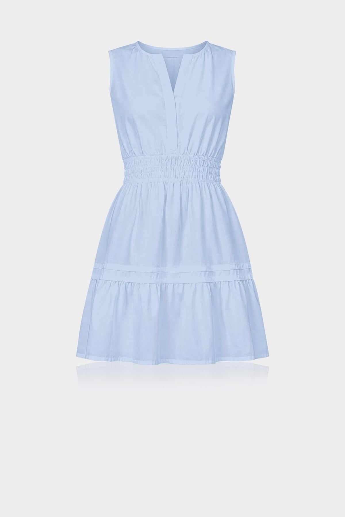 Steel Blue Sleeveless Smocked Waist Cotton Mini Dress – Minimalist Bridal Shower Dress