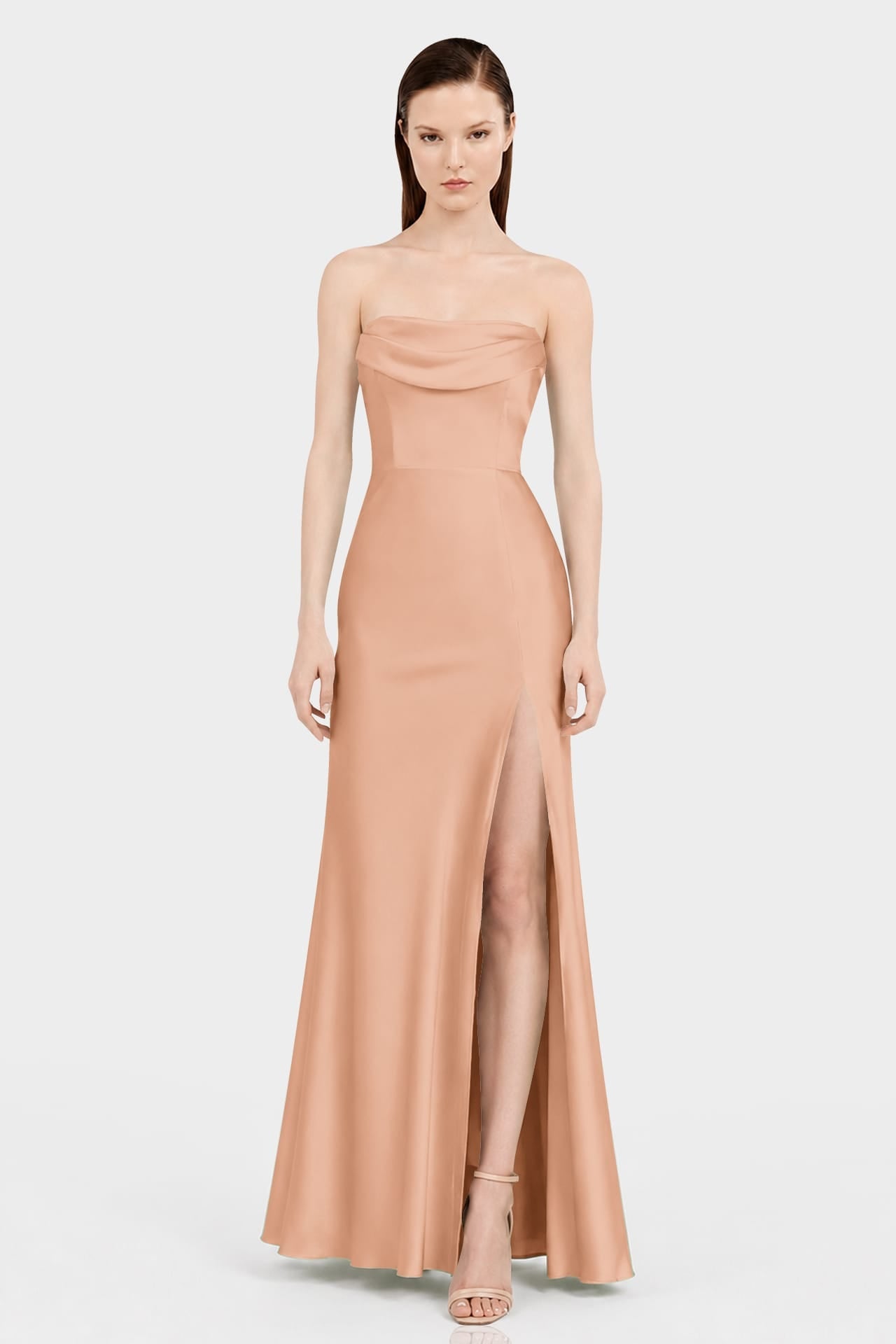 Classic Luxury Desert Sand Satin Bridesmaid Maxi Dress with Convertible Neckline