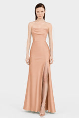 Classic Luxury Desert Sand Satin Bridesmaid Maxi Dress with Convertible Neckline