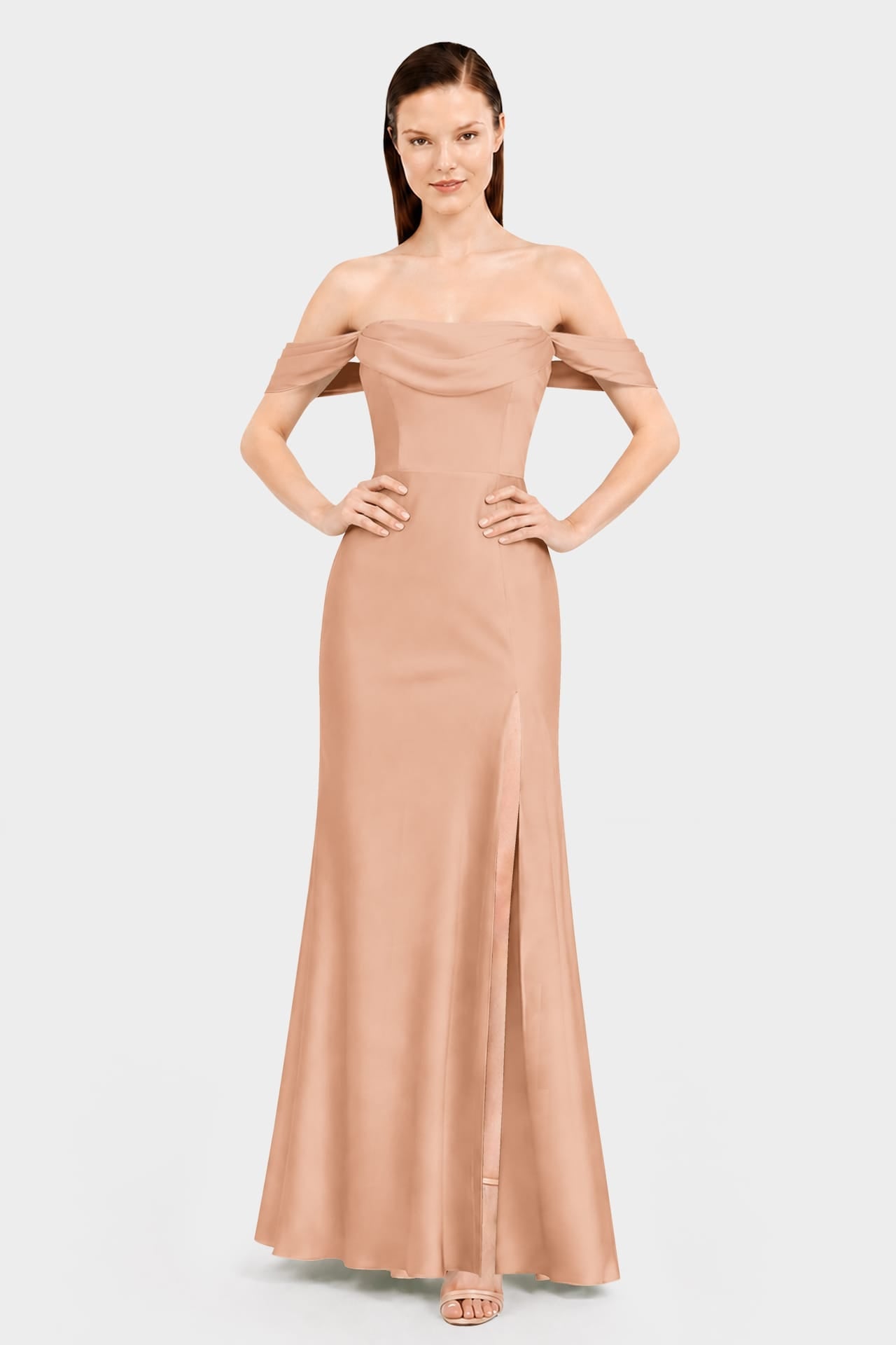 Classic Luxury Desert Sand Satin Bridesmaid Maxi Dress with Convertible Neckline