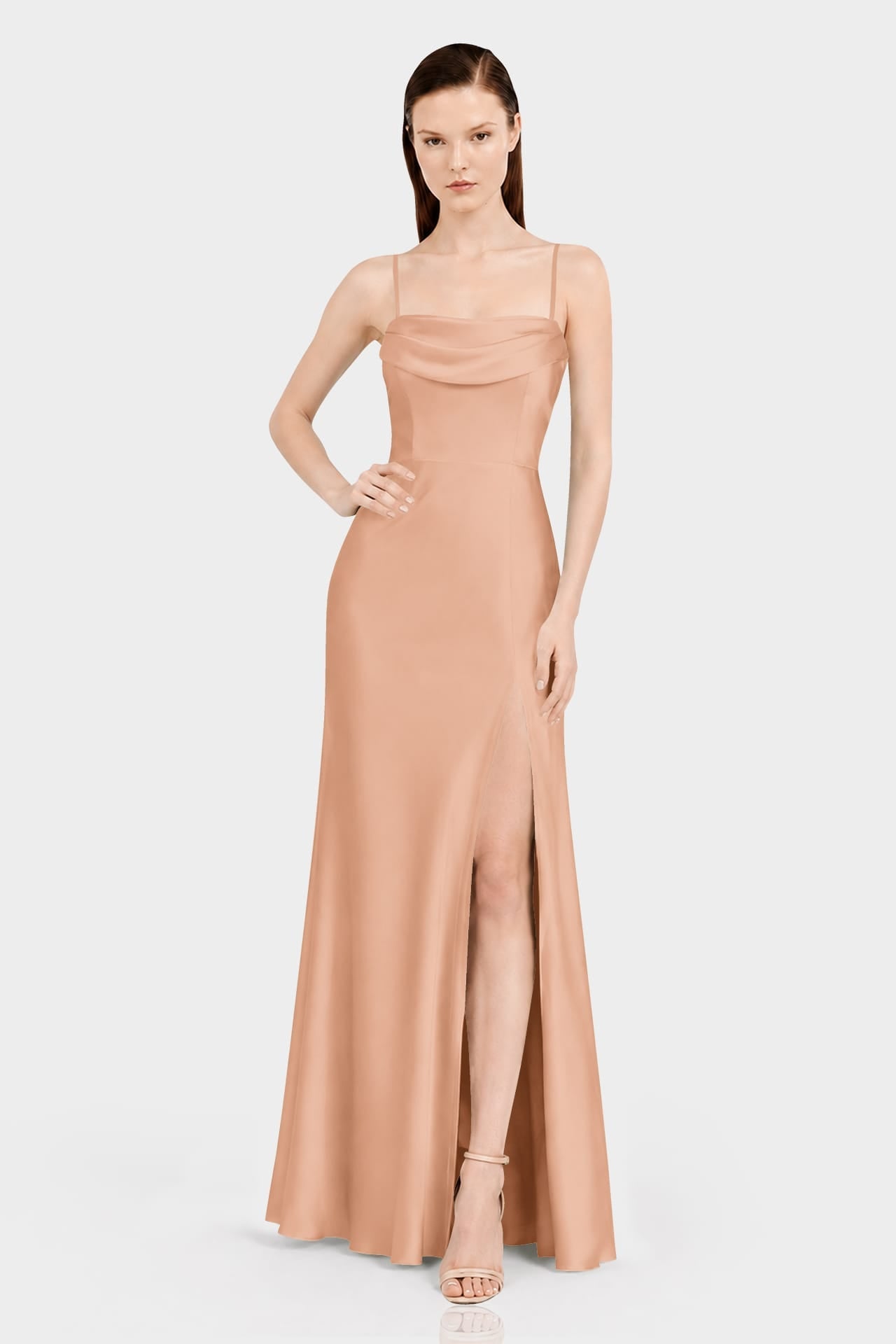 Classic Luxury Desert Sand Satin Bridesmaid Maxi Dress with Convertible Neckline