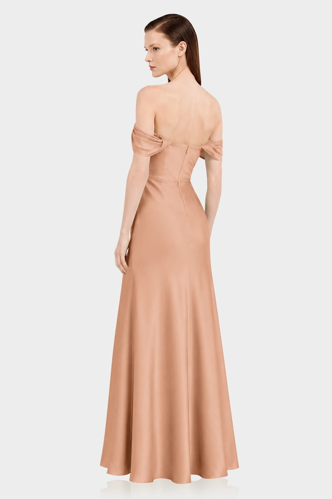 Classic Luxury Desert Sand Satin Bridesmaid Maxi Dress with Convertible Neckline