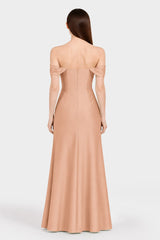 Classic Luxury Desert Sand Satin Bridesmaid Maxi Dress with Convertible Neckline