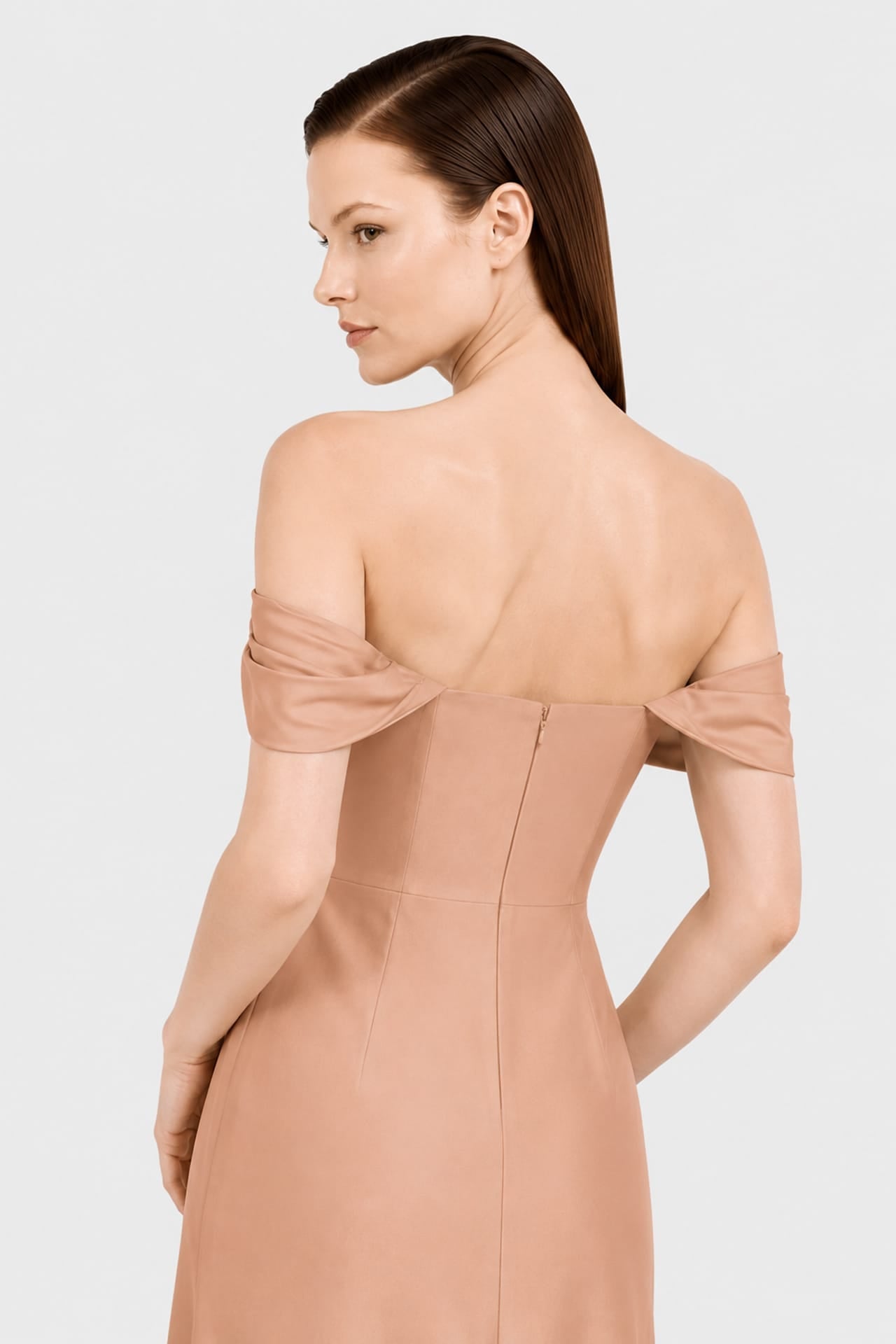 Classic Luxury Desert Sand Satin Bridesmaid Maxi Dress with Convertible Neckline
