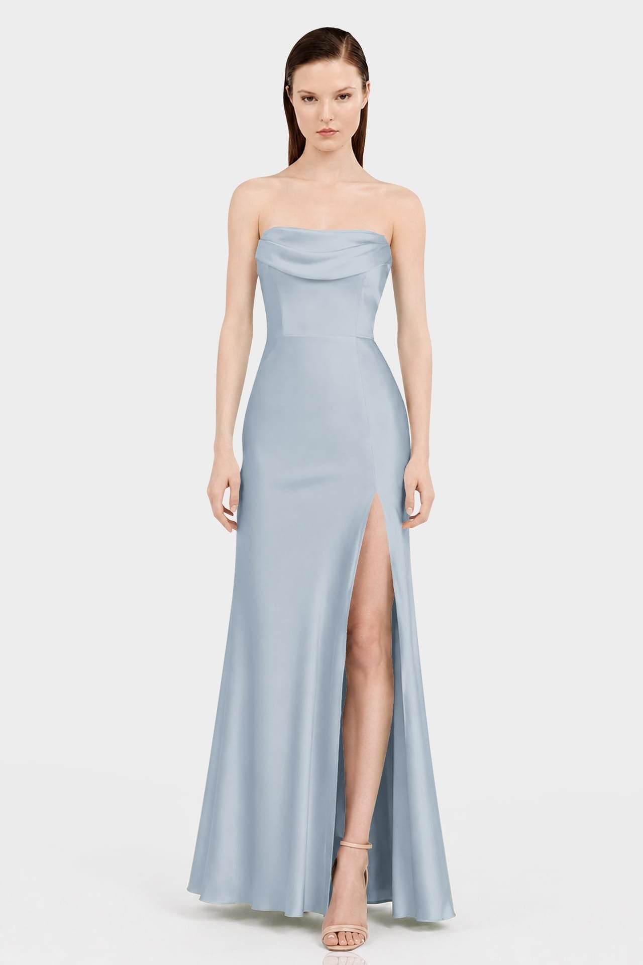 Dusty Blue Off Shoulder Bridesmaid Dress – Multiway Satin Maxi with High Slit