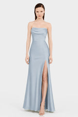 Dusty Blue Off Shoulder Bridesmaid Dress – Multiway Satin Maxi with High Slit