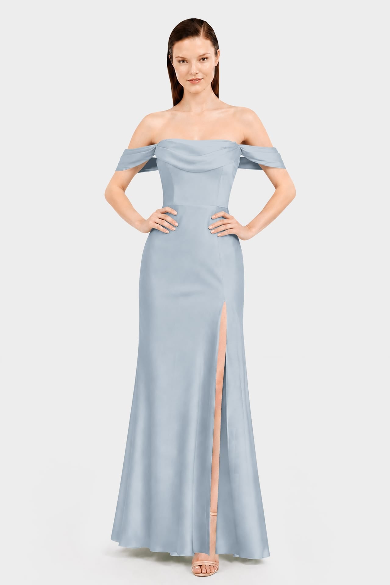 Dusty Blue Off Shoulder Bridesmaid Dress – Multiway Satin Maxi with High Slit