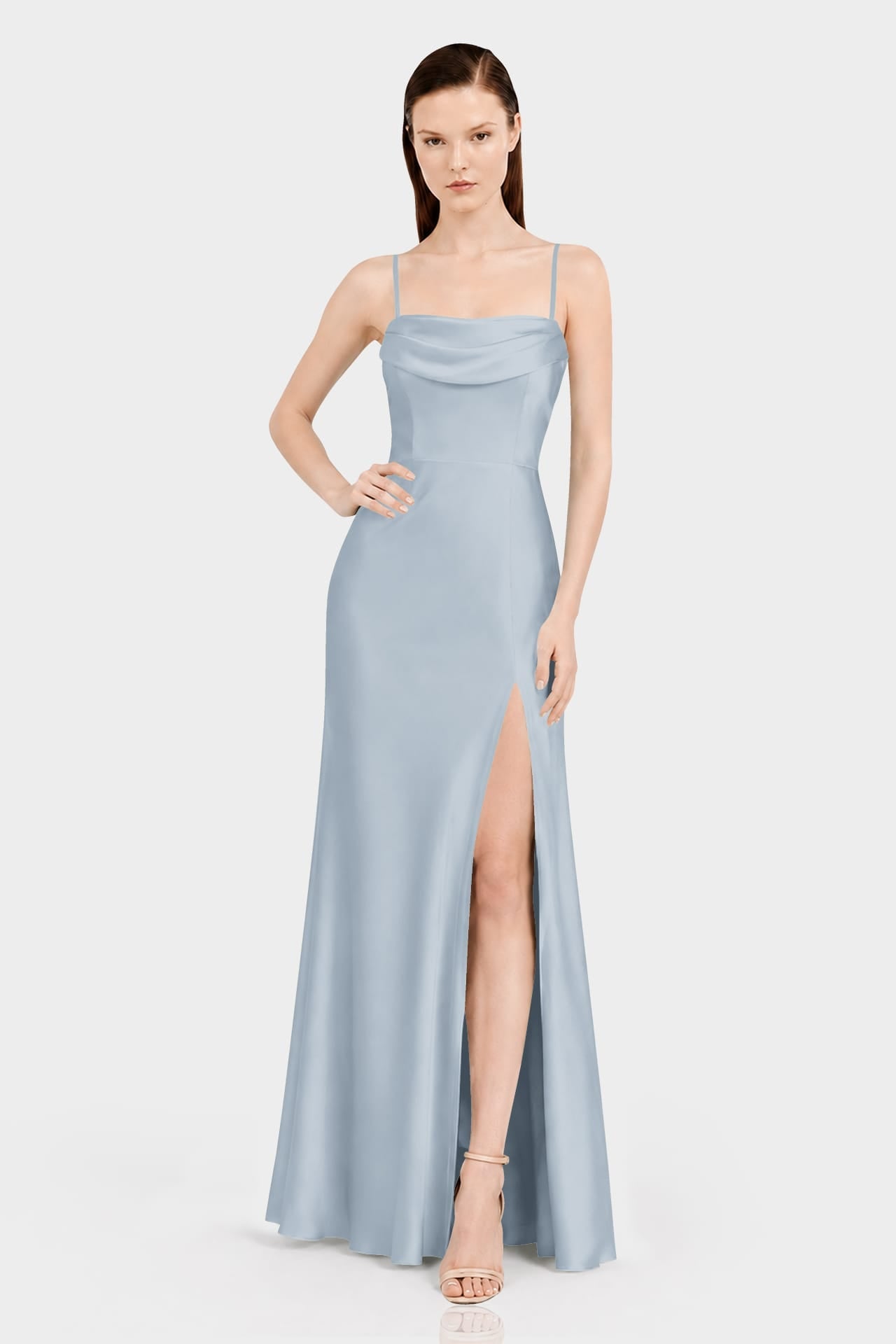 Dusty Blue Off Shoulder Bridesmaid Dress – Multiway Satin Maxi with High Slit