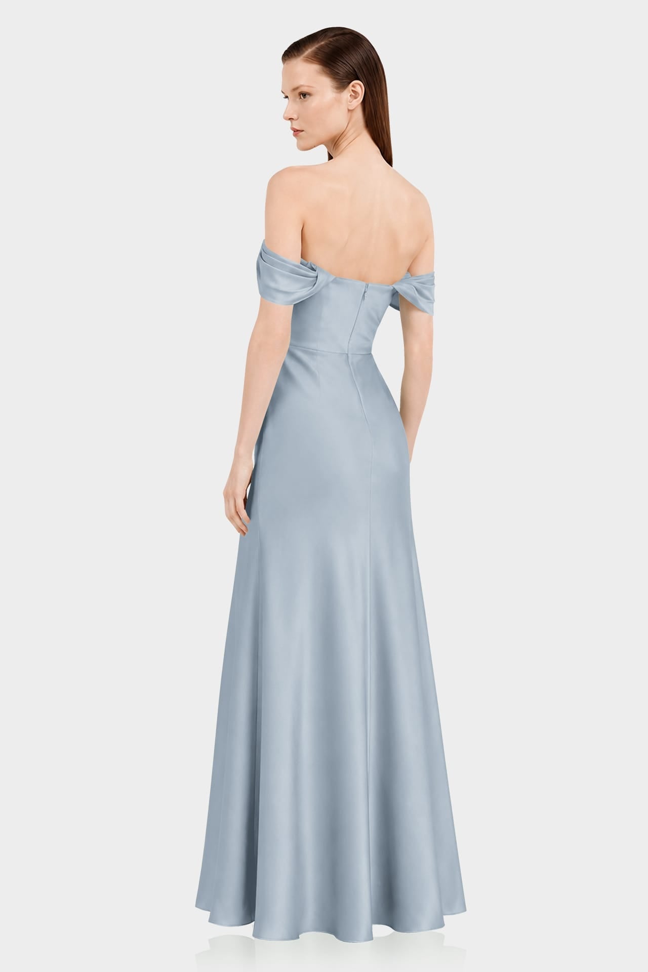 Dusty Blue Off Shoulder Bridesmaid Dress – Multiway Satin Maxi with High Slit