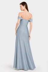 Dusty Blue Off Shoulder Bridesmaid Dress – Multiway Satin Maxi with High Slit
