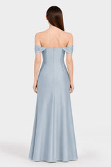 Dusty Blue Off Shoulder Bridesmaid Dress – Multiway Satin Maxi with High Slit