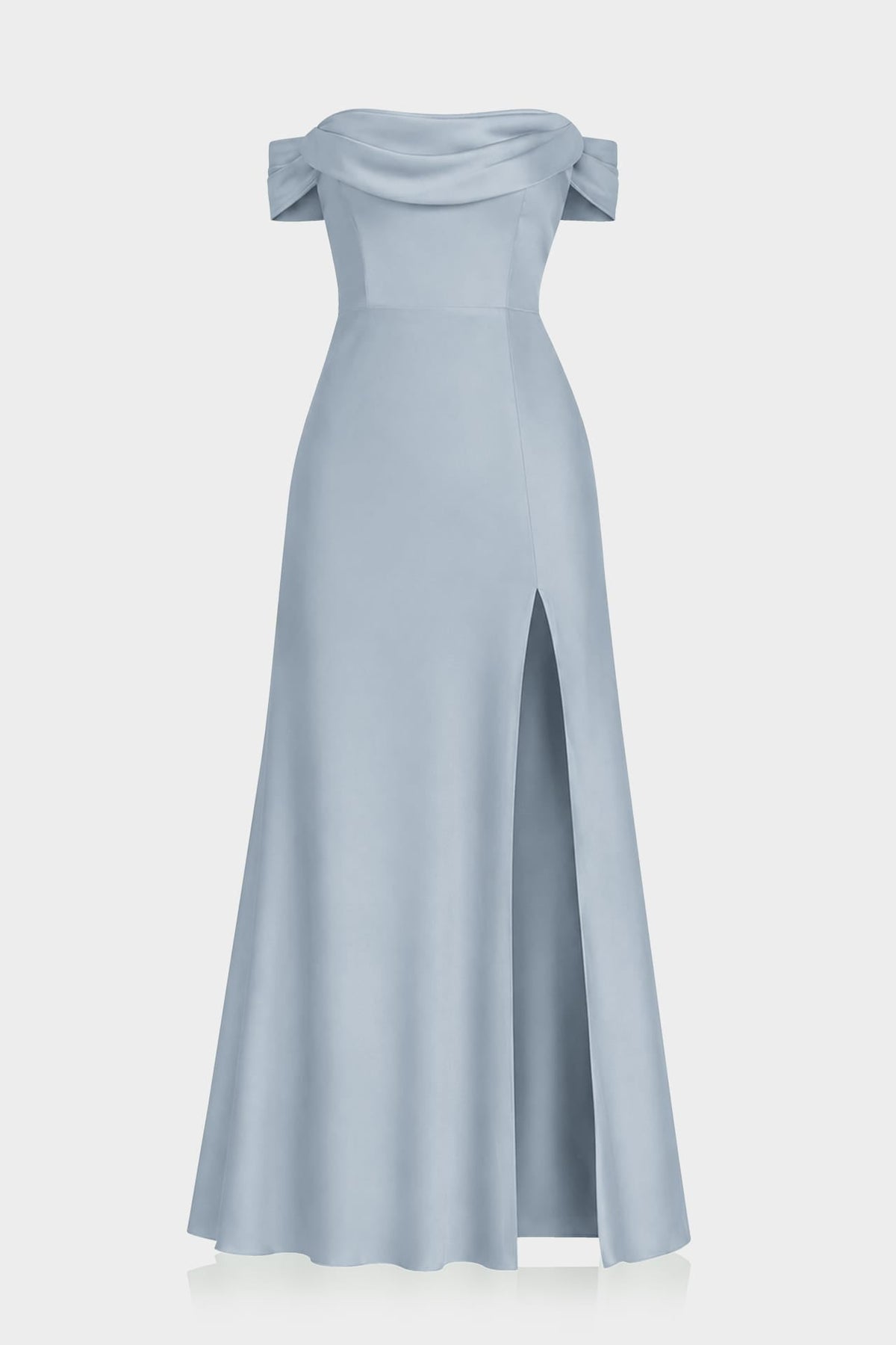 Dusty Blue Off Shoulder Bridesmaid Dress – Multiway Satin Maxi with High Slit