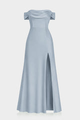 Dusty Blue Off Shoulder Bridesmaid Dress – Multiway Satin Maxi with High Slit