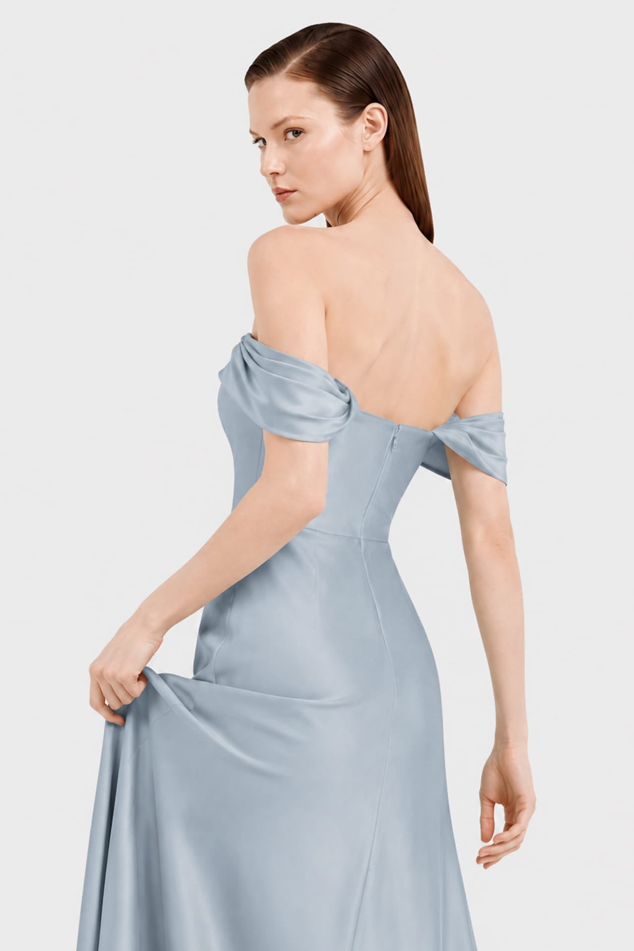 Dusty Blue Off Shoulder Bridesmaid Dress – Multiway Satin Maxi with High Slit