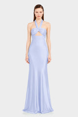 Designer Icy Blue Matte Satin Halter Maxi Dress with Open Back Tie Detail - Luxury Wedding Guest Dress