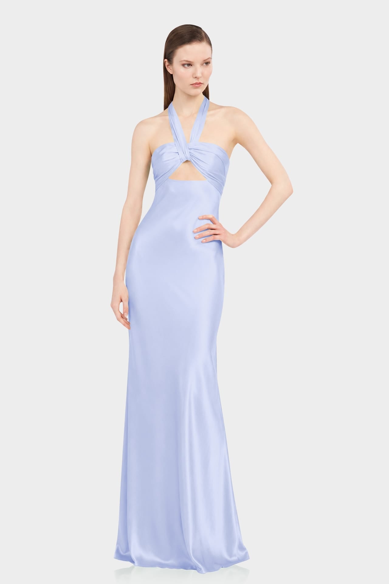 Designer Icy Blue Matte Satin Halter Maxi Dress with Open Back Tie Detail - Luxury Wedding Guest Dress