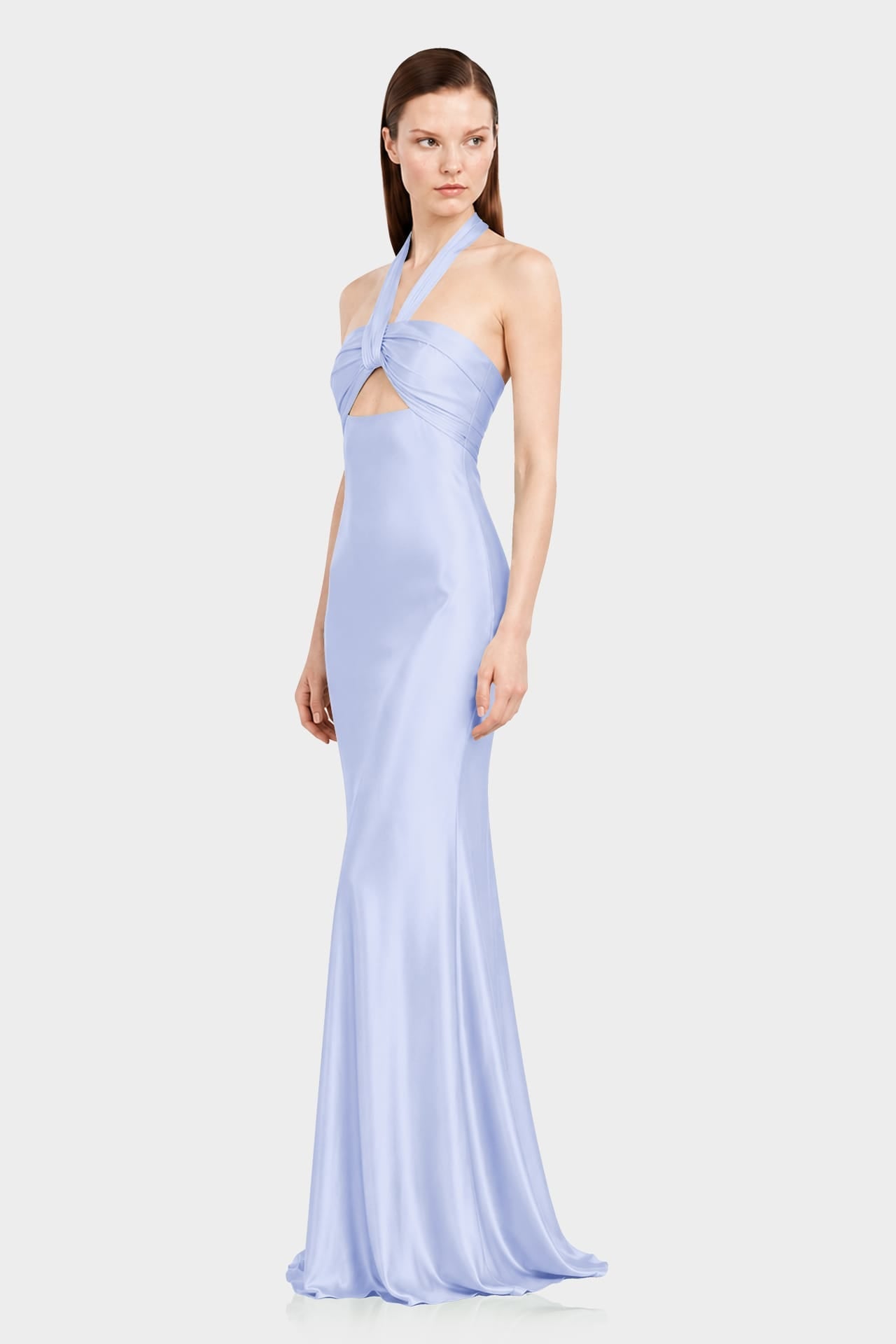 Designer Icy Blue Matte Satin Halter Maxi Dress with Open Back Tie Detail - Luxury Wedding Guest Dress