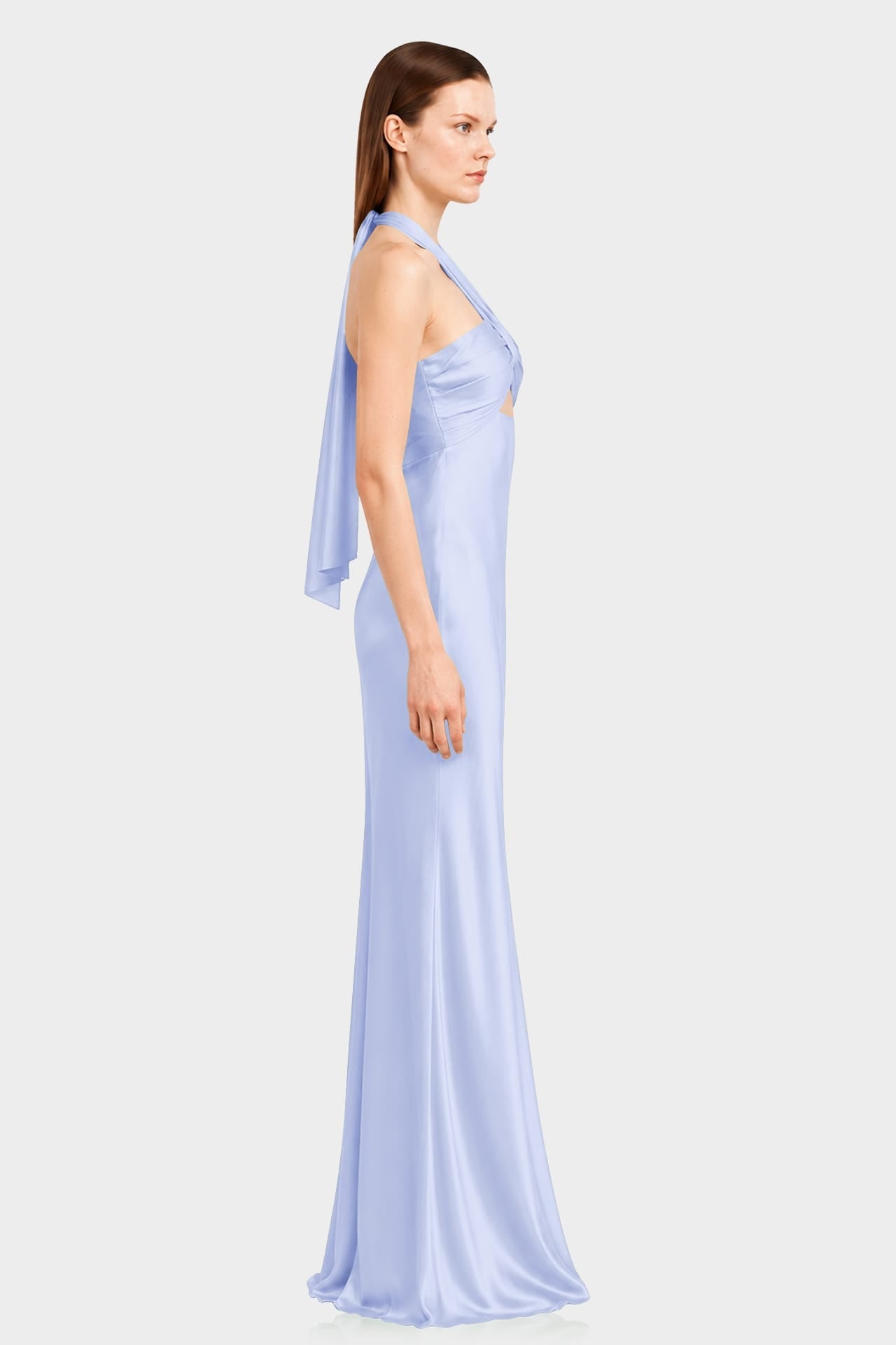 Designer Icy Blue Matte Satin Halter Maxi Dress with Open Back Tie Detail - Luxury Wedding Guest Dress