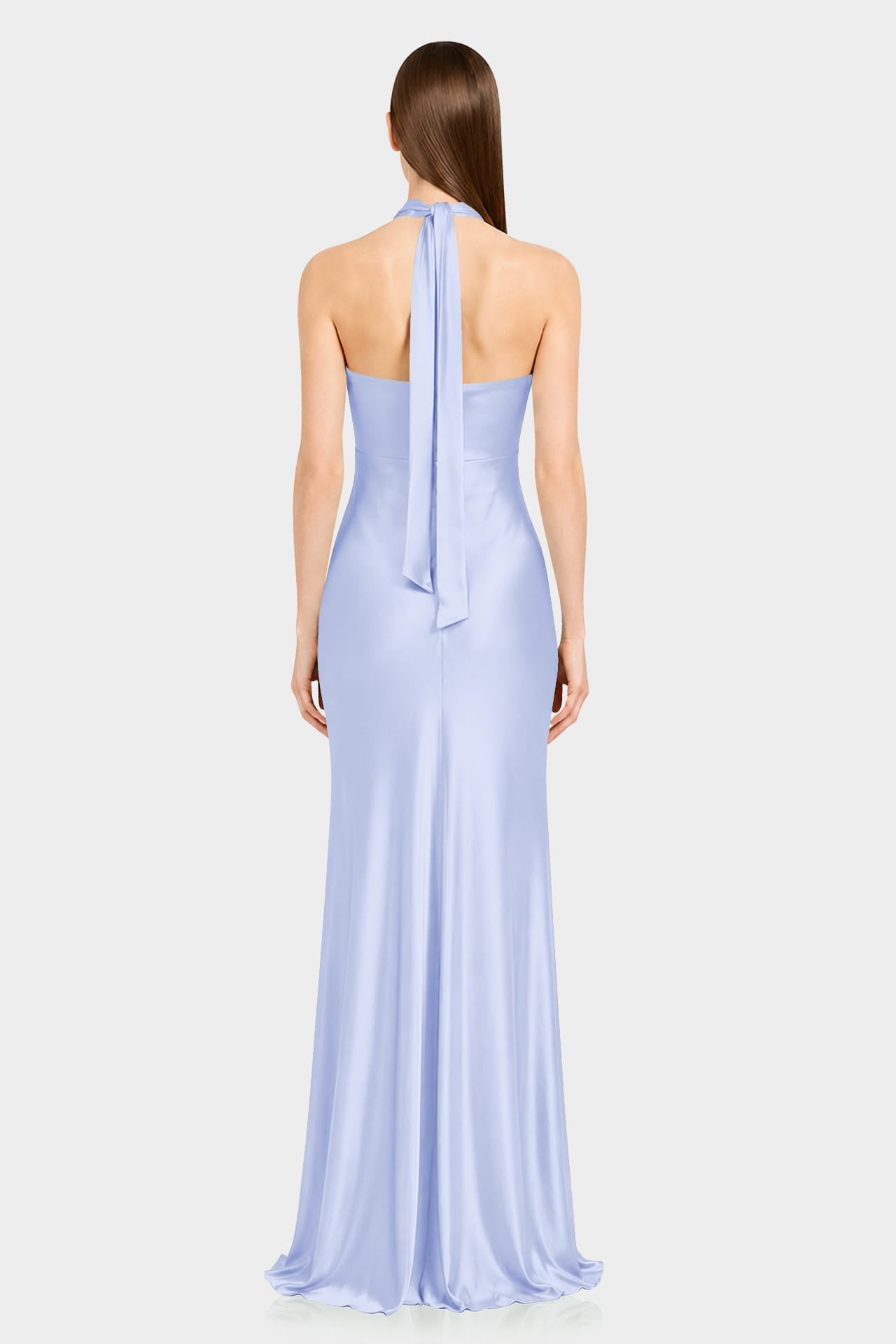 Designer Icy Blue Matte Satin Halter Maxi Dress with Open Back Tie Detail - Luxury Wedding Guest Dress