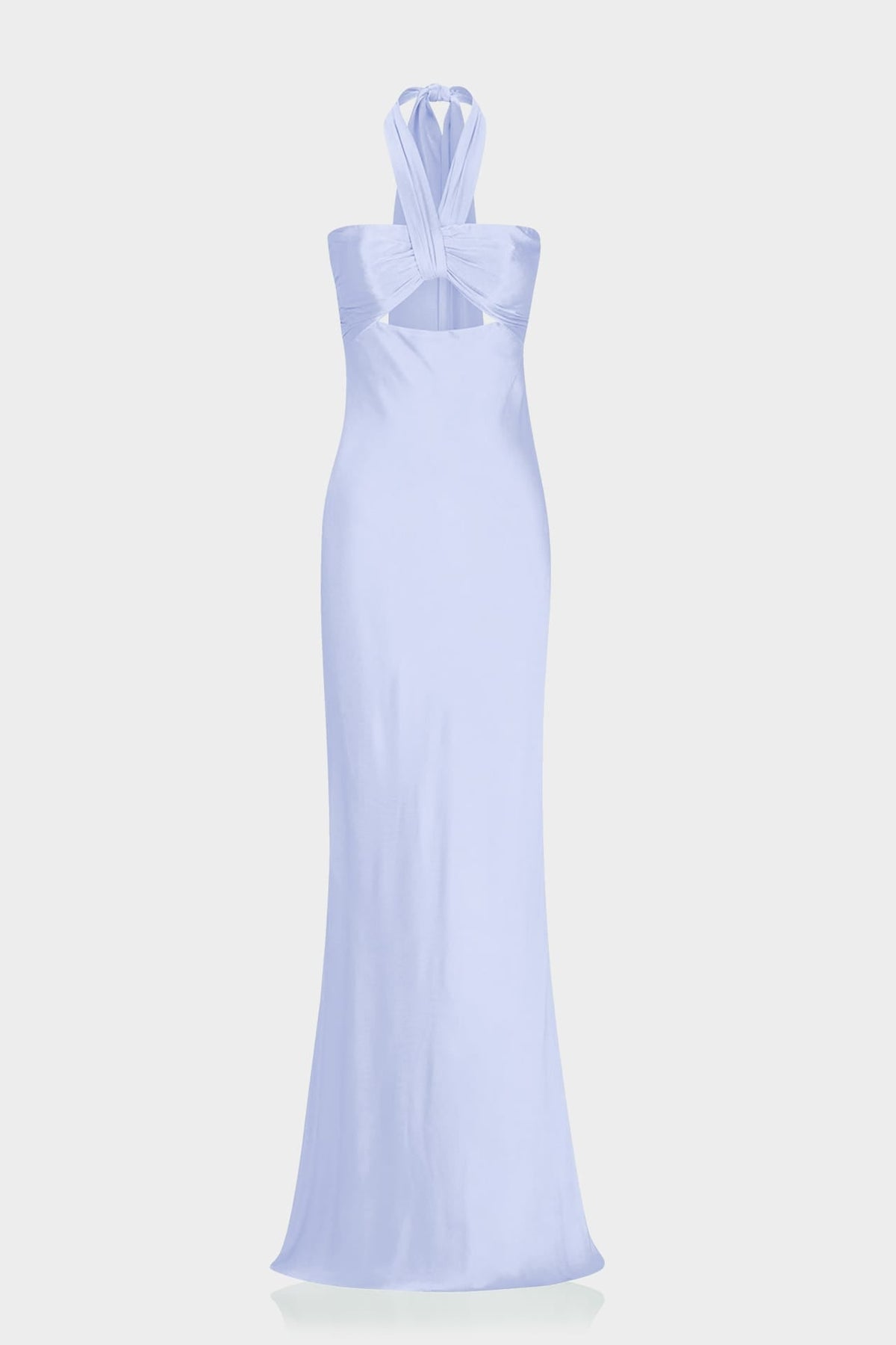 Designer Icy Blue Matte Satin Halter Maxi Dress with Open Back Tie Detail - Luxury Wedding Guest Dress