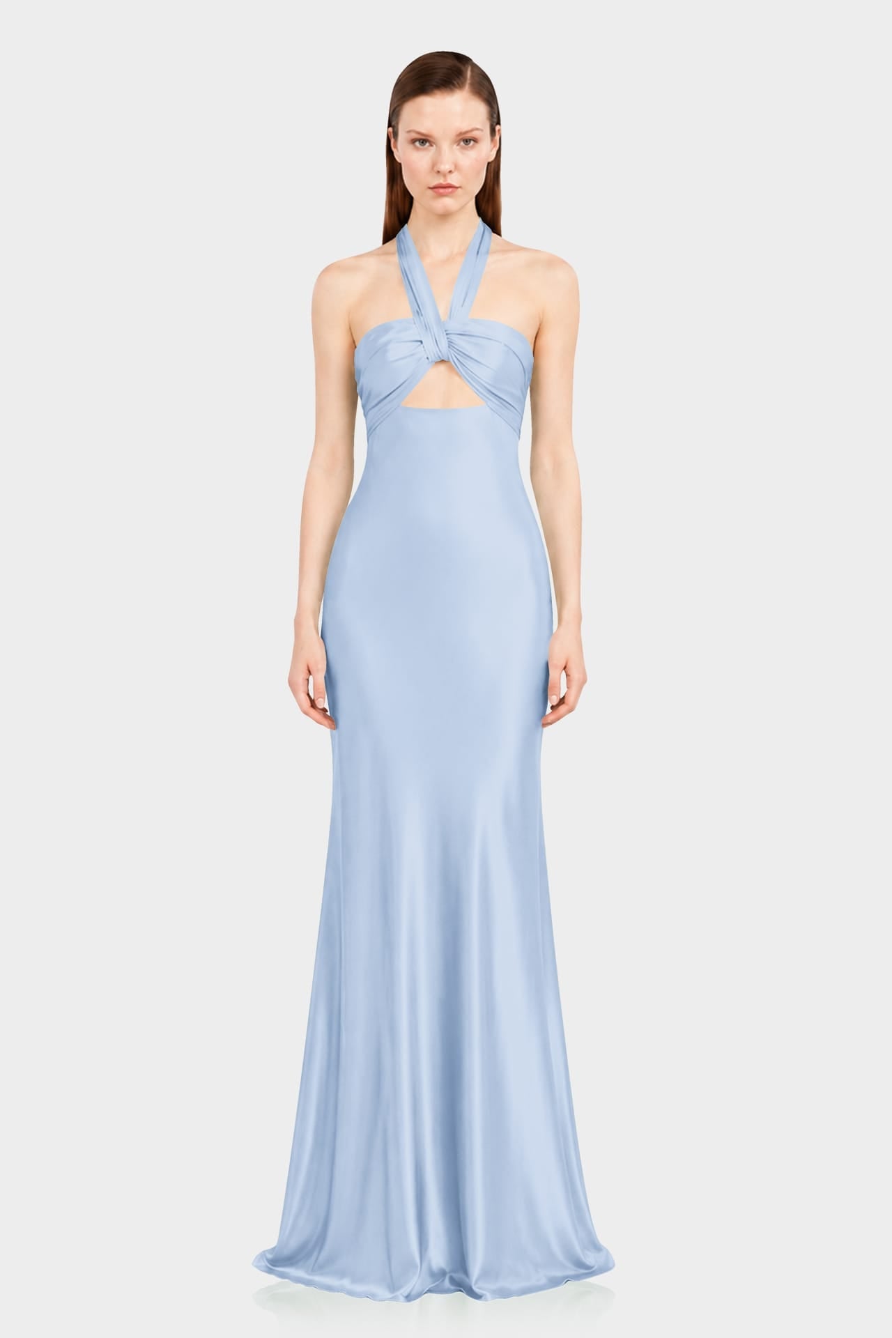Powder Blue Matte Satin Front Cut Out Halter Maxi Dress - Contemporary Designer Dress