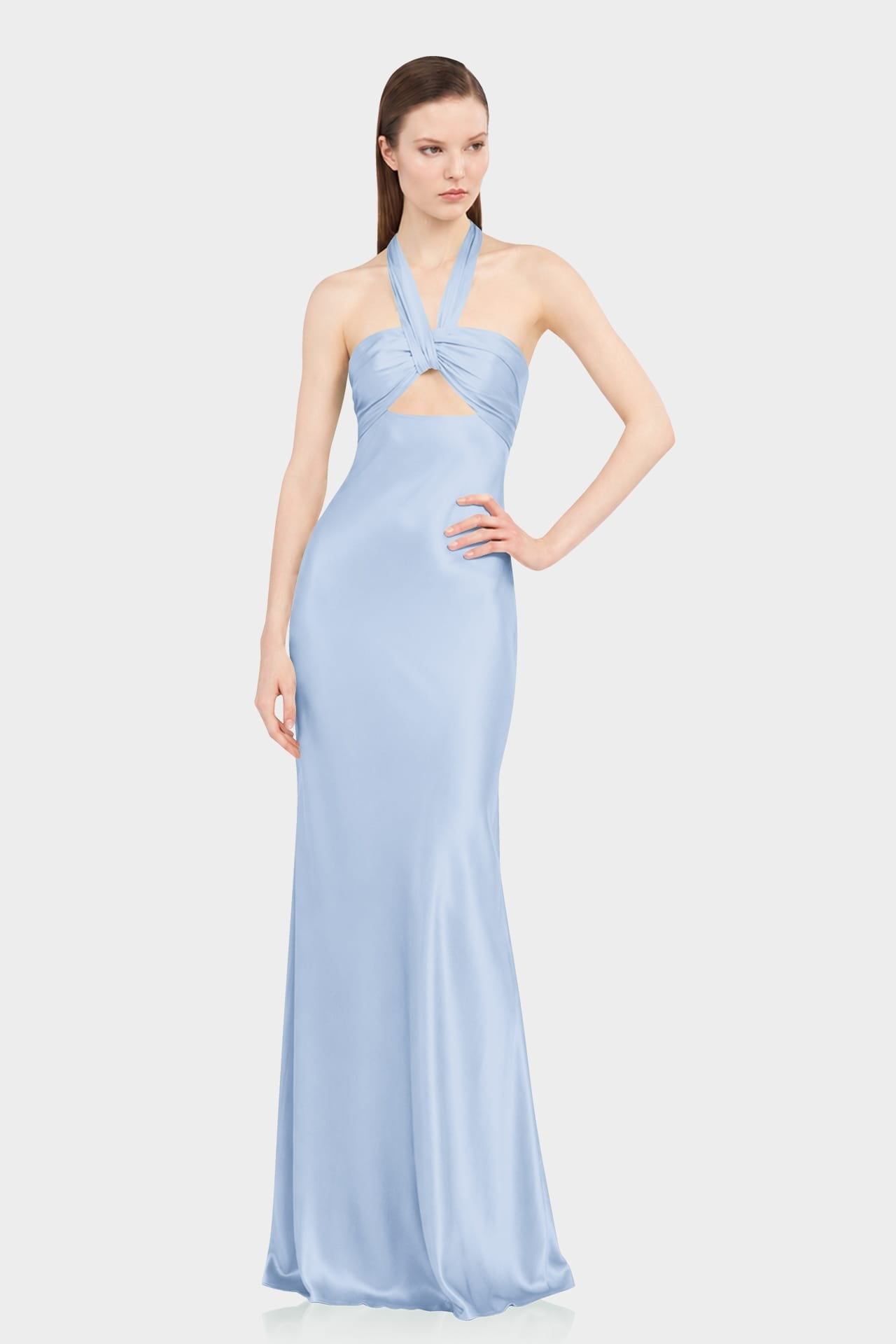 Powder Blue Matte Satin Front Cut Out Halter Maxi Dress - Contemporary Designer Dress