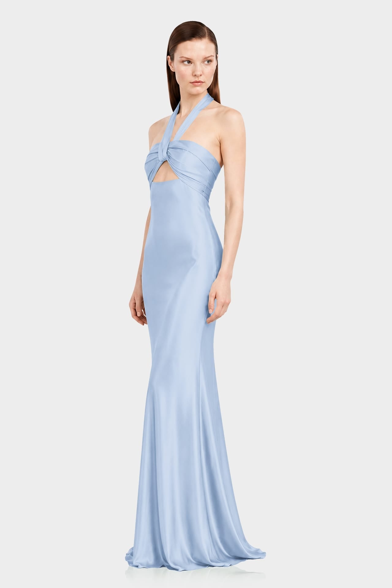 Powder Blue Matte Satin Front Cut Out Halter Maxi Dress - Contemporary Designer Dress