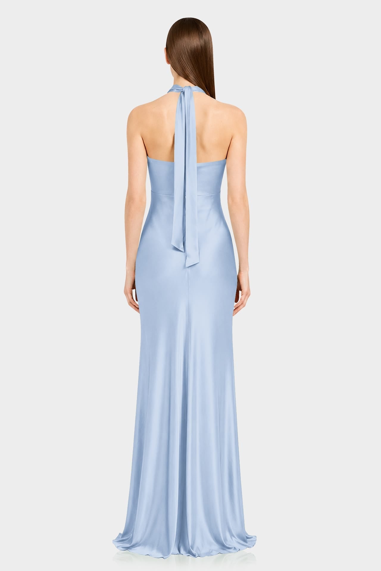 Powder Blue Matte Satin Front Cut Out Halter Maxi Dress - Contemporary Designer Dress