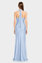 Powder Blue Matte Satin Front Cut Out Halter Maxi Dress - Contemporary Designer Dress