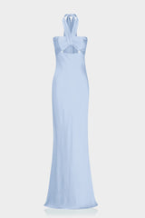 Powder Blue Matte Satin Front Cut Out Halter Maxi Dress - Contemporary Designer Dress