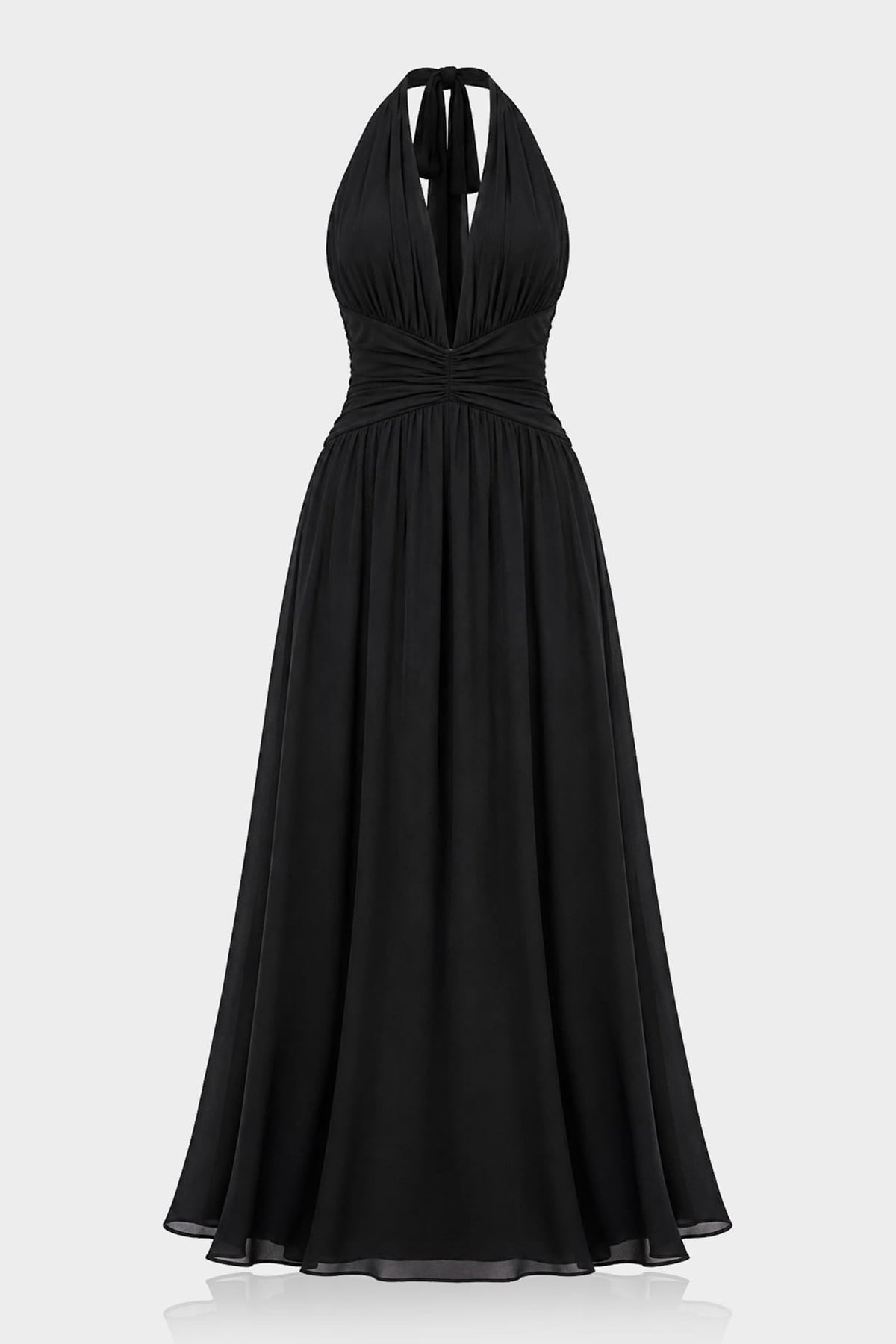 Black Halter V-Neck Chiffon Bridesmaid Maxi Dress – Floor Length Formal Gown
