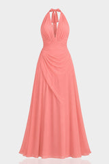 Coral Chiffon Halter V-Neck Bridesmaid Maxi Dress with Flowing A-Line Skirt