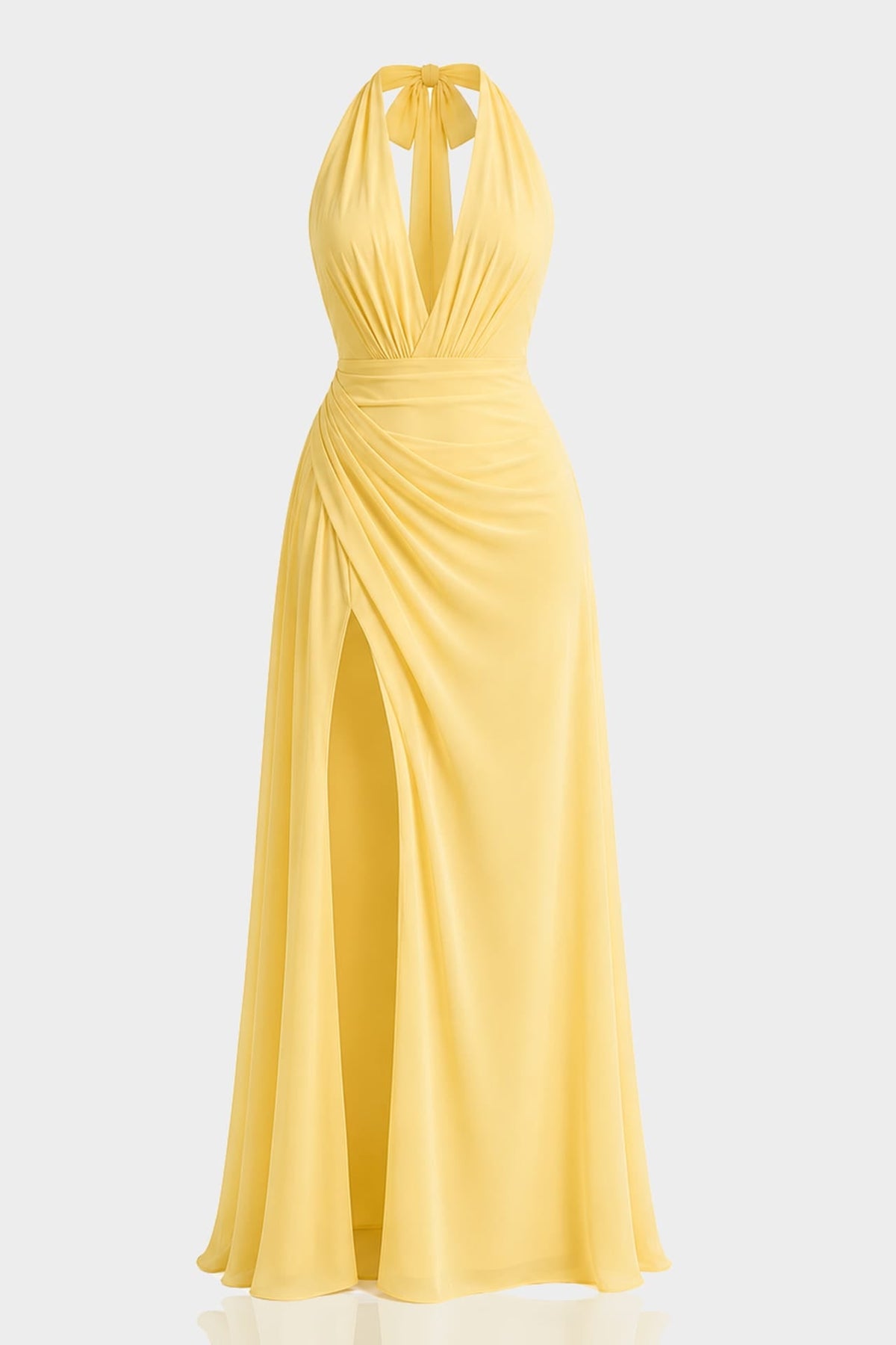 Butter Yellow Chiffon V-Neck Bridesmaid Maxi Dress with Side Slit