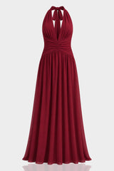 Burgundy Halter V-Neck Chiffon Bridesmaid Maxi Dress