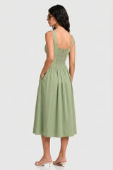 Contemporary Sage Linen Square Neck Midi Dress – Garden Party Dress for Women