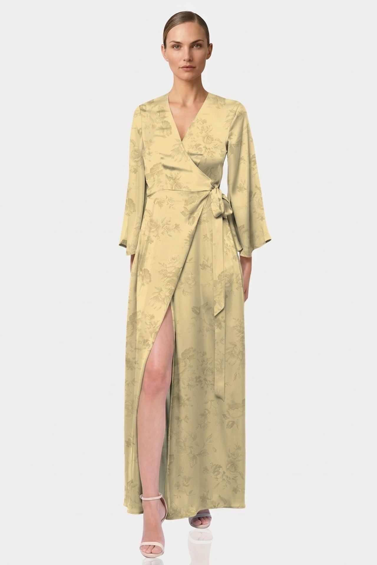 Champagne Floral Satin Wrap Maxi Dress for Garden Parties