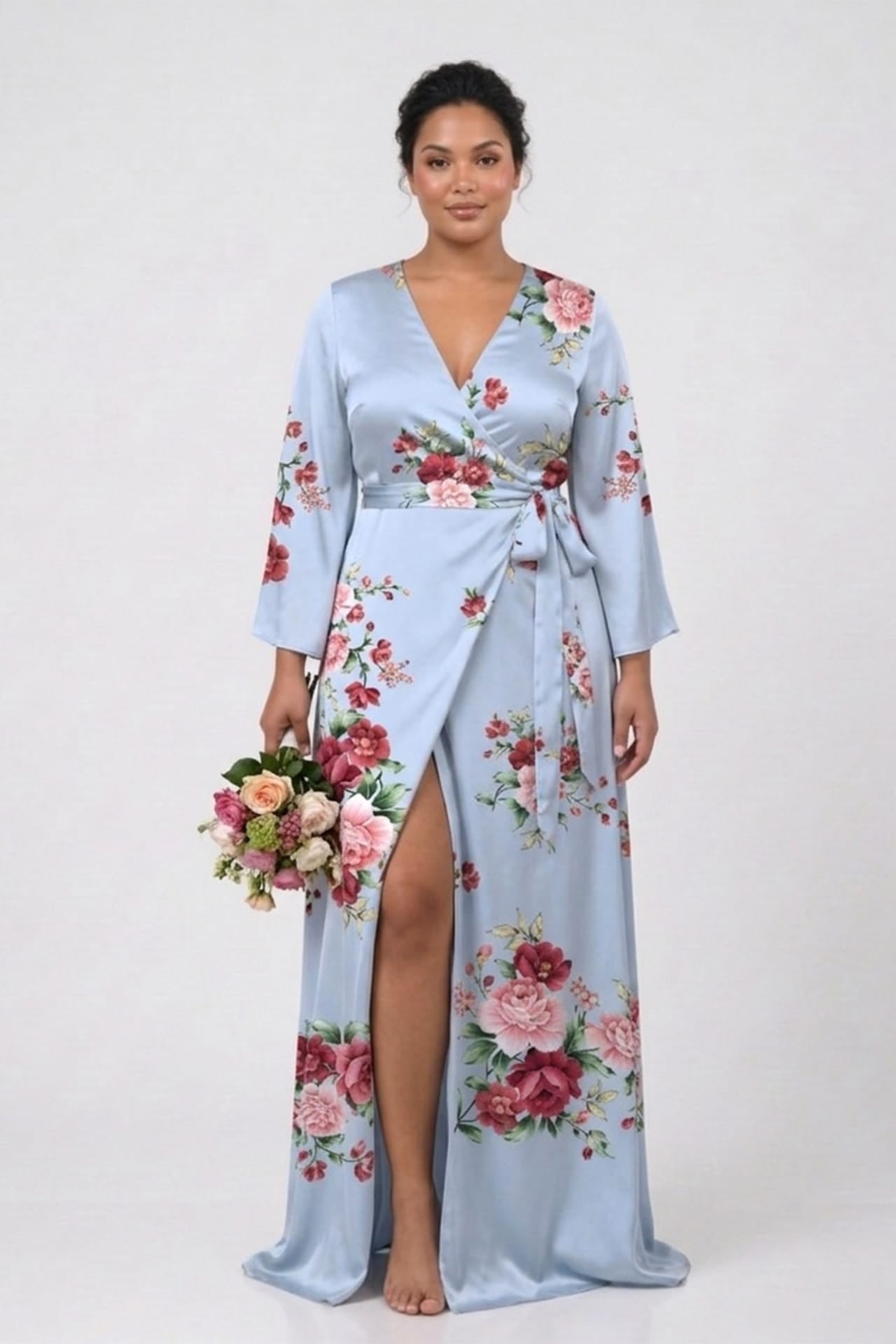 Powder Blue Floral Satin V-Neck Wrap Maxi Dress for Garden Parties