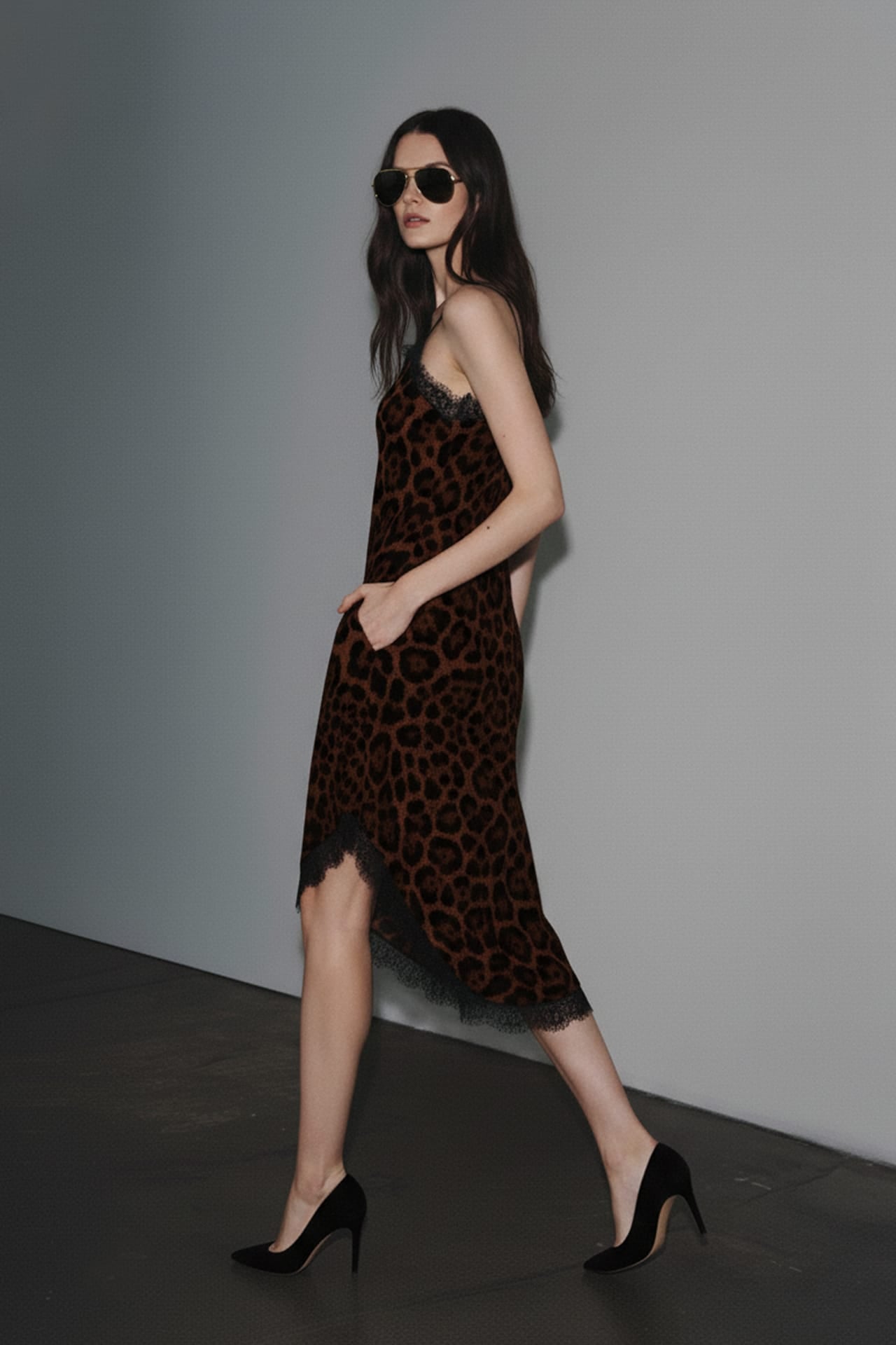 Brown Satin Lace Trim Midi Slip Dress for Glamorous Evenings