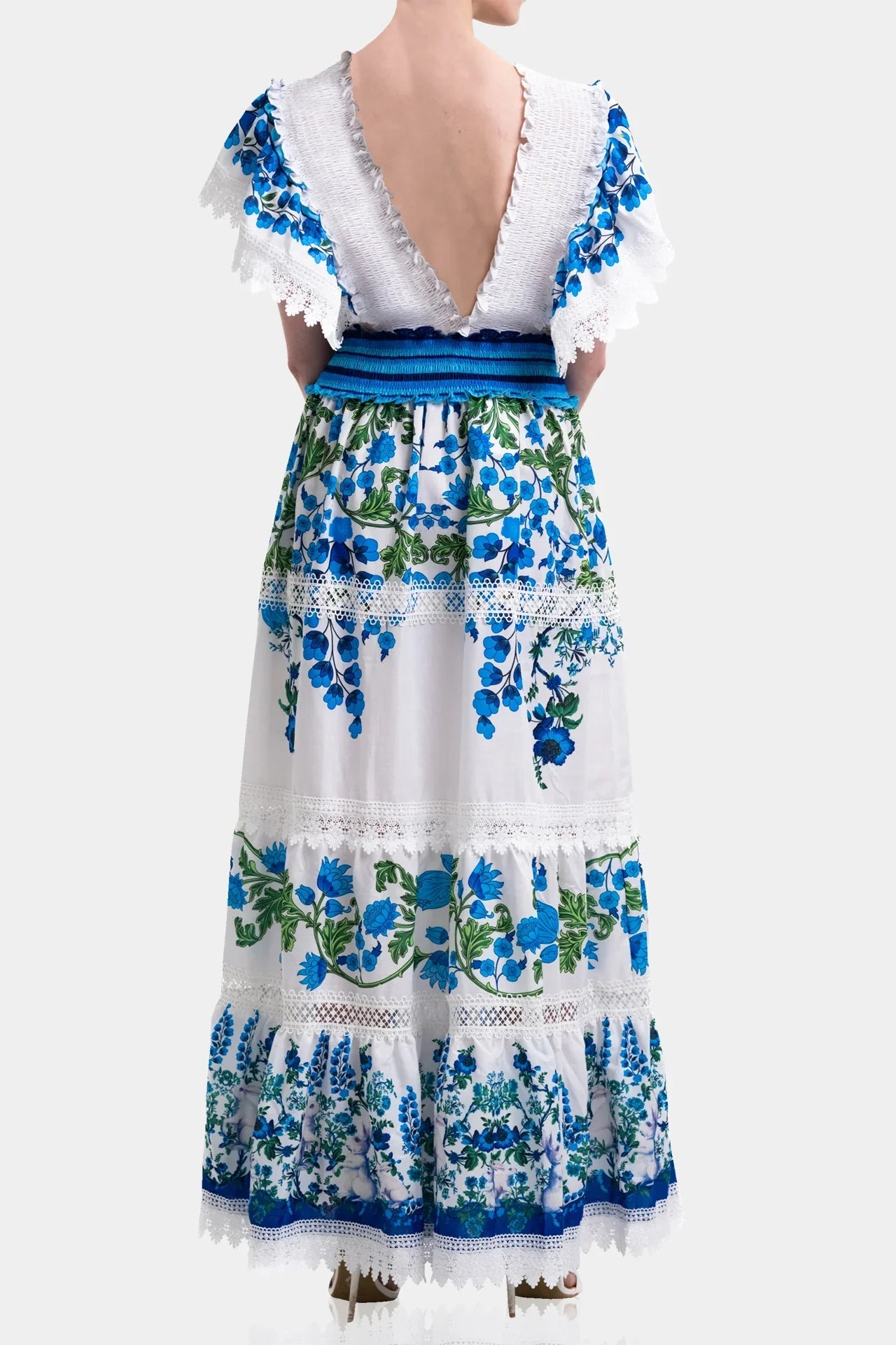 White & Blue Floral Voile Maxi Dress with Guipure Lace & Smocked Waist