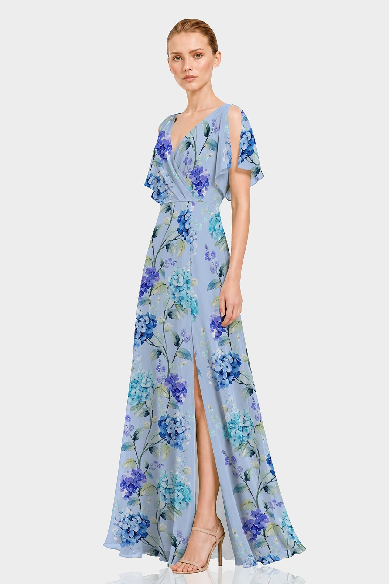 Hydrangea Floral Chiffon Cold Shoulder Dress
