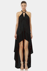 Carmina High Low Fringe Black Halter Maxi Dress